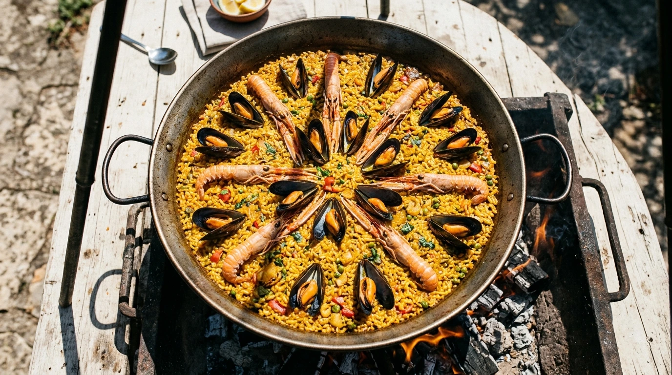 Paella de fruits de mer vue de dessus, riz doré et coquillages