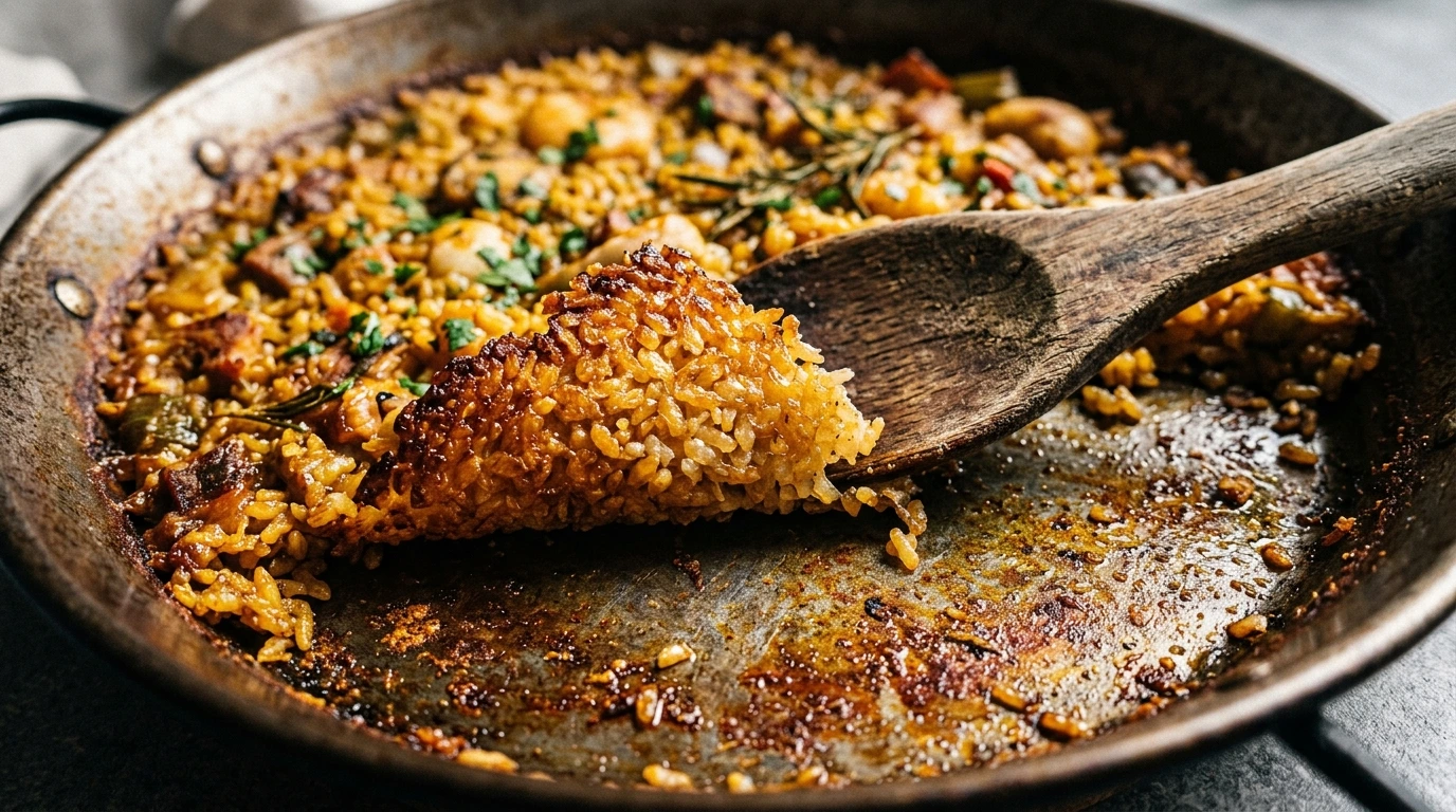Croûte de socarrat dorée au fond d’une poêle à paella