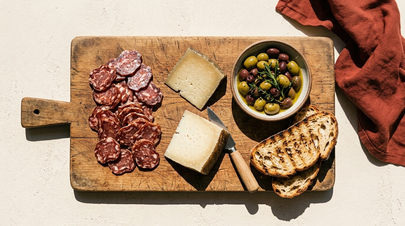 Planche apéritive garnie de charcuterie, fromage, olives et pain