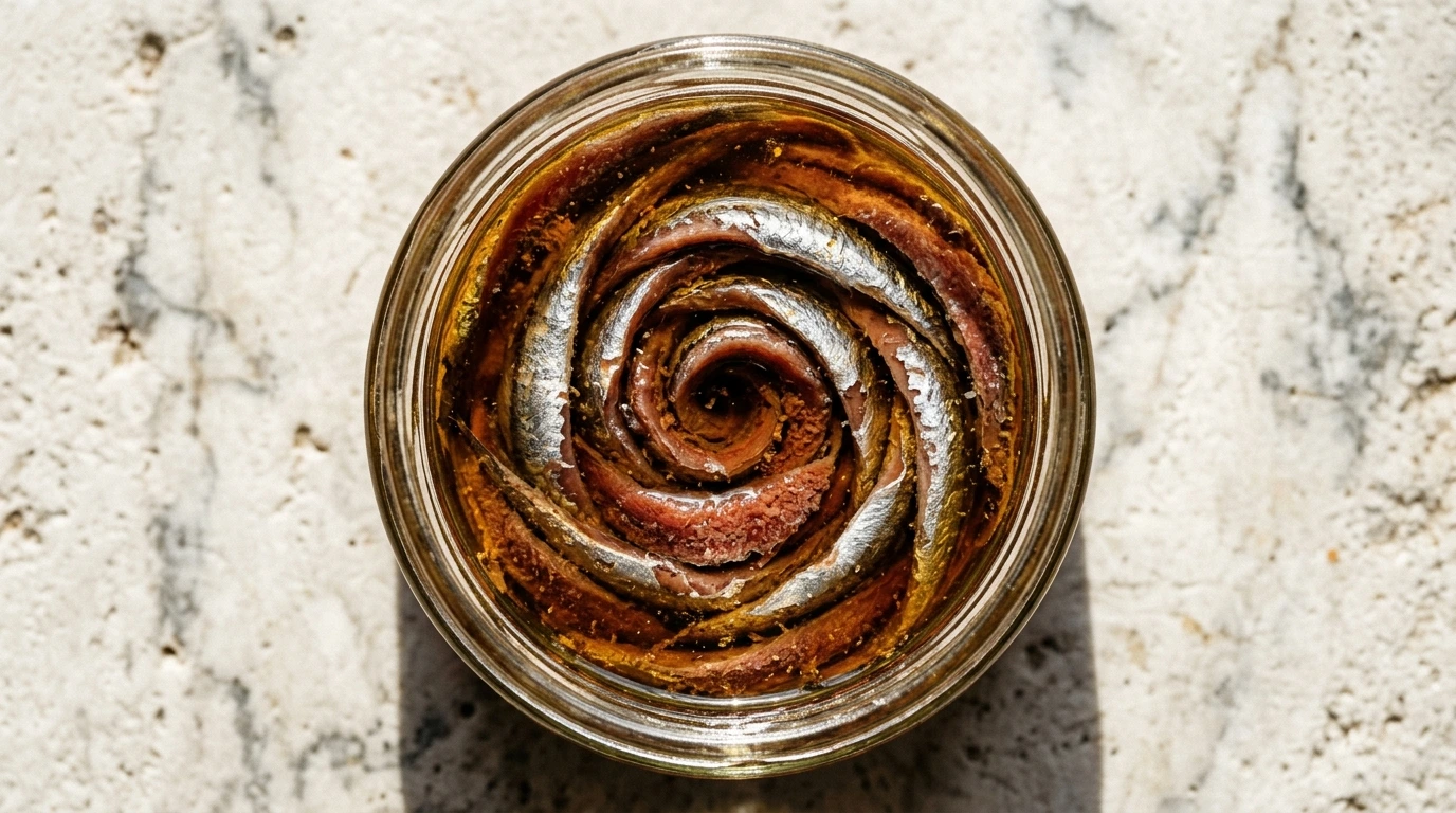 Filets d’anchois rangés dans l’huile, dans un bocal ouvert