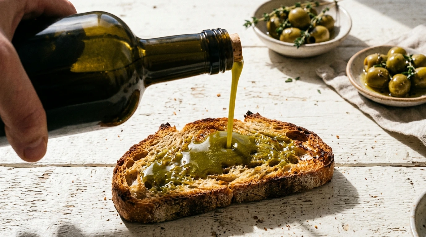 Huile d’olive de première pression versée sur du pain grillé