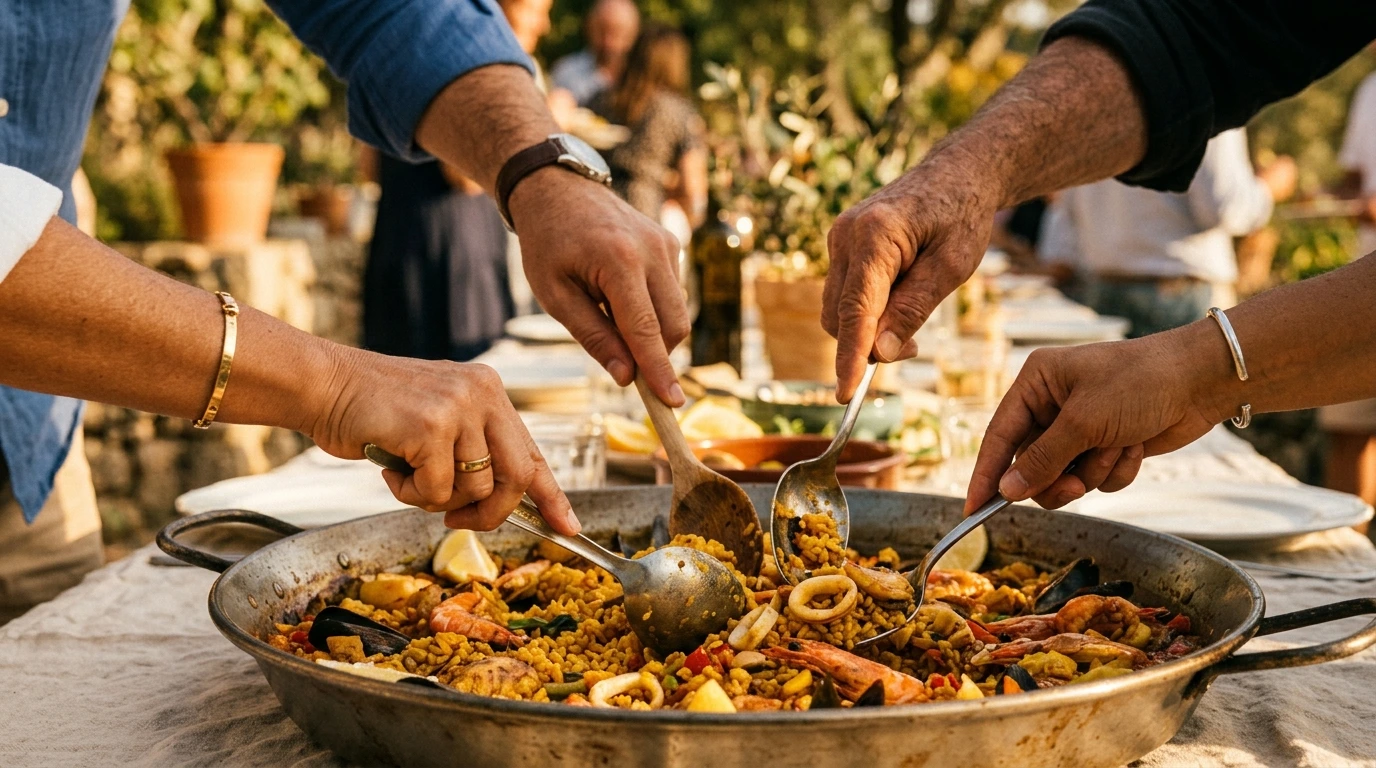 Convives se servant autour d’une grande paella