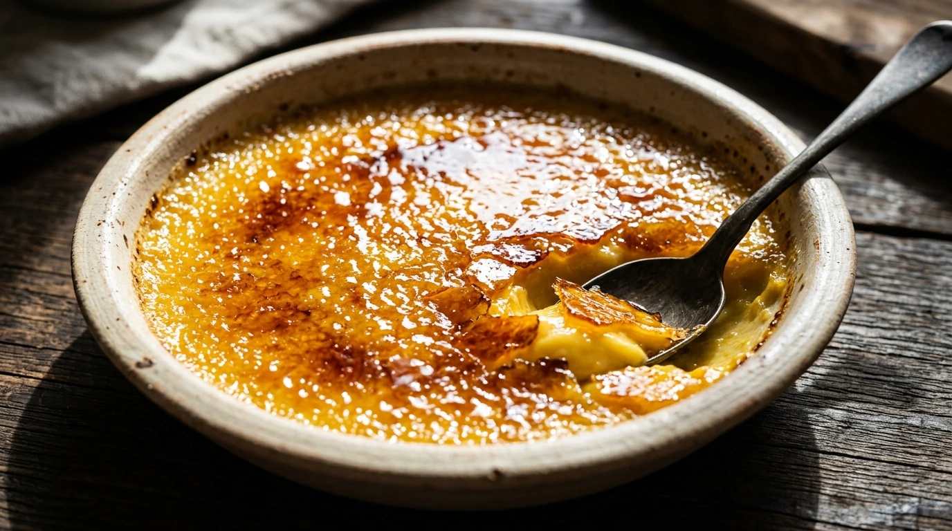 Crème catalane caramélisée dans son plat en terre