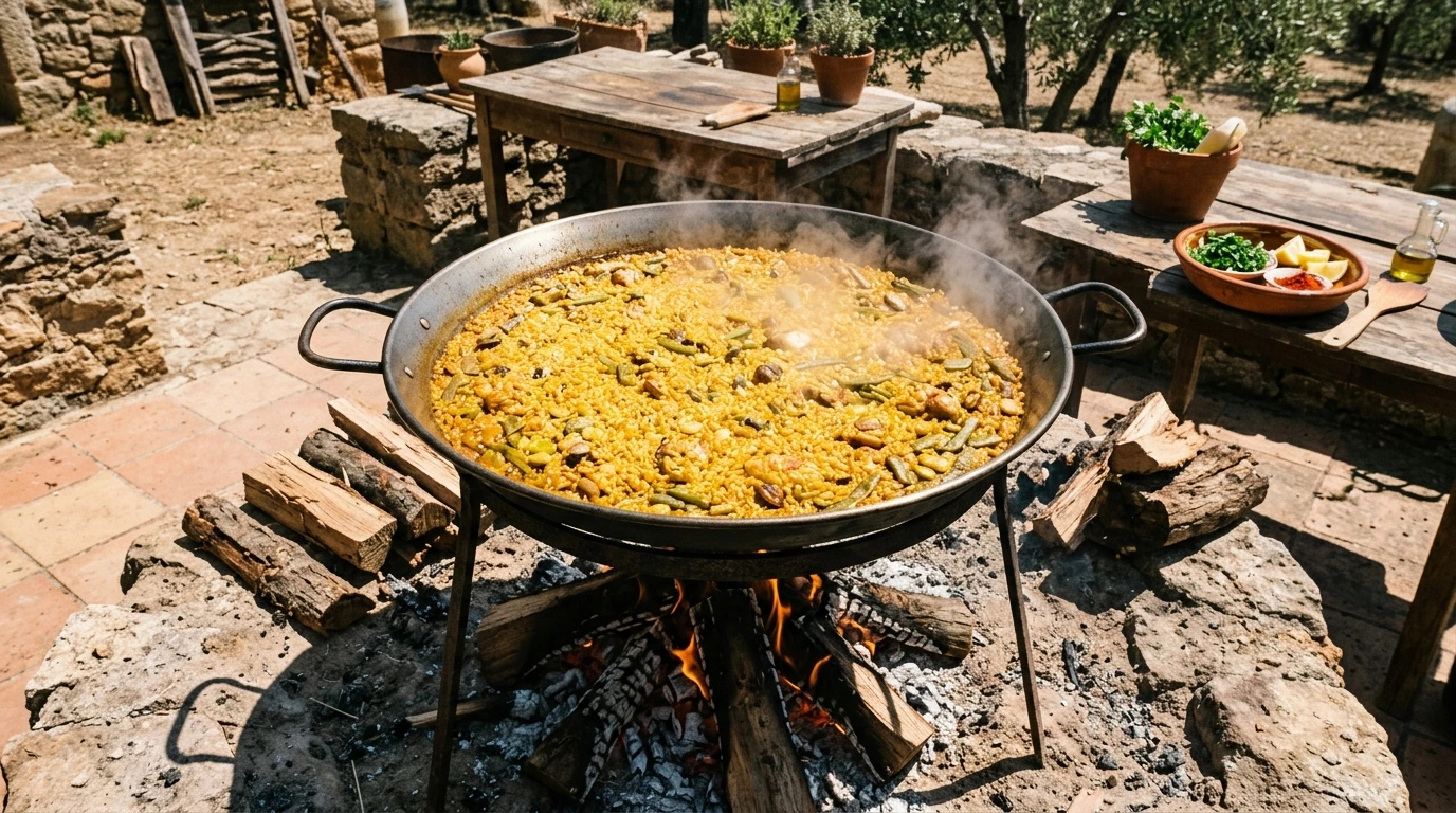 Poêle à paella en cours de cuisson sur le feu