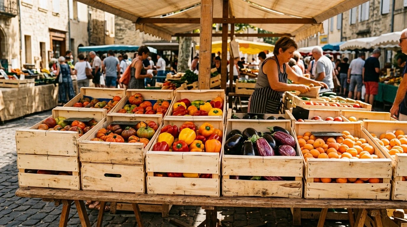 Étal de saison, légumes et fruits du Roussillon