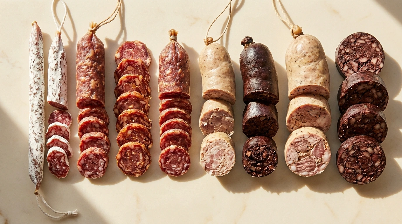 Charcuteries catalanes sèches et cuites alignées