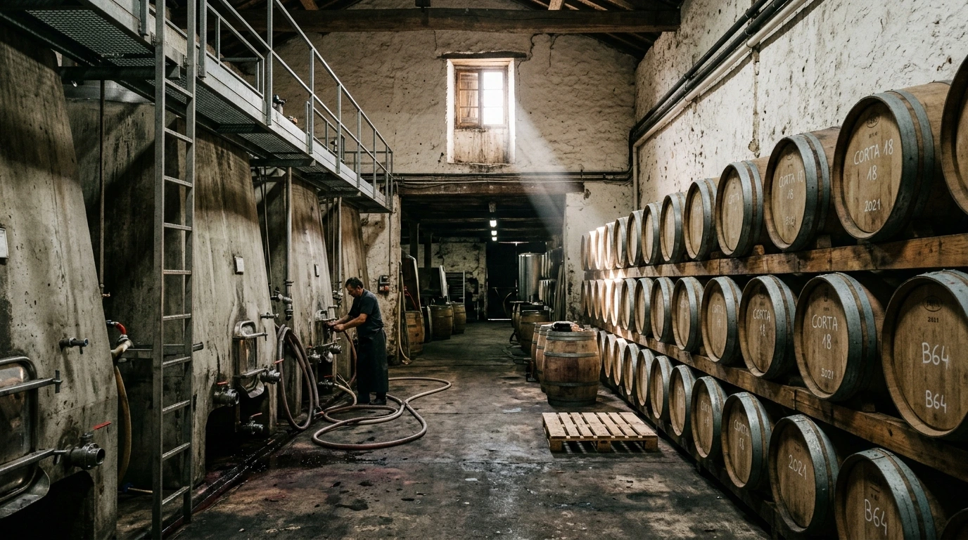 Cuves et fûts dans une cave coopérative du Roussillon