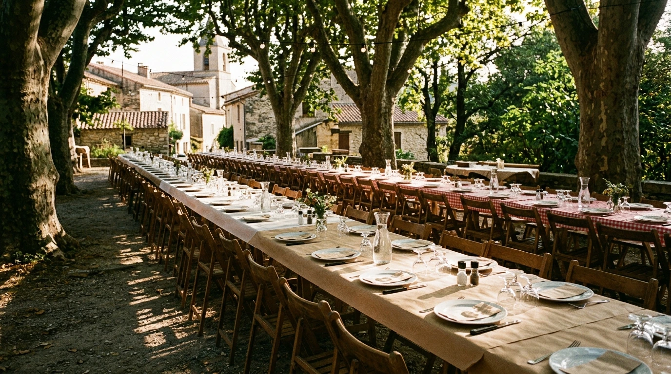 Tables dressées en plein air pour une fête de village