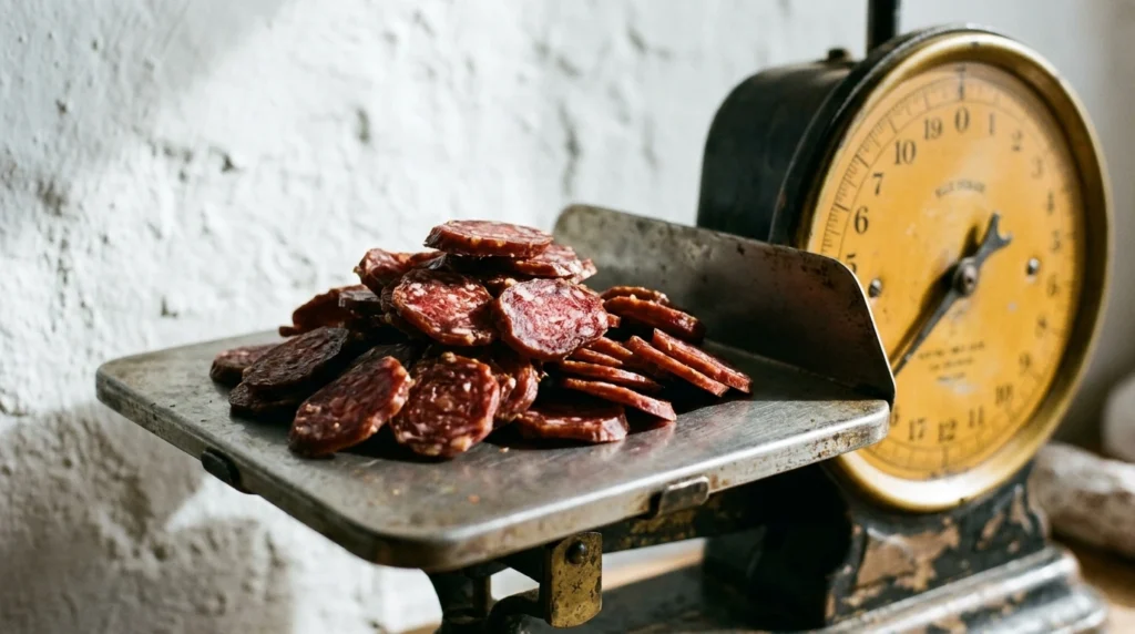 Charcuterie pesée sur une balance de comptoir