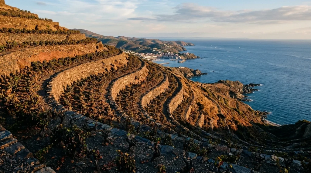 Vignes en terrasses au-dessus de la mer