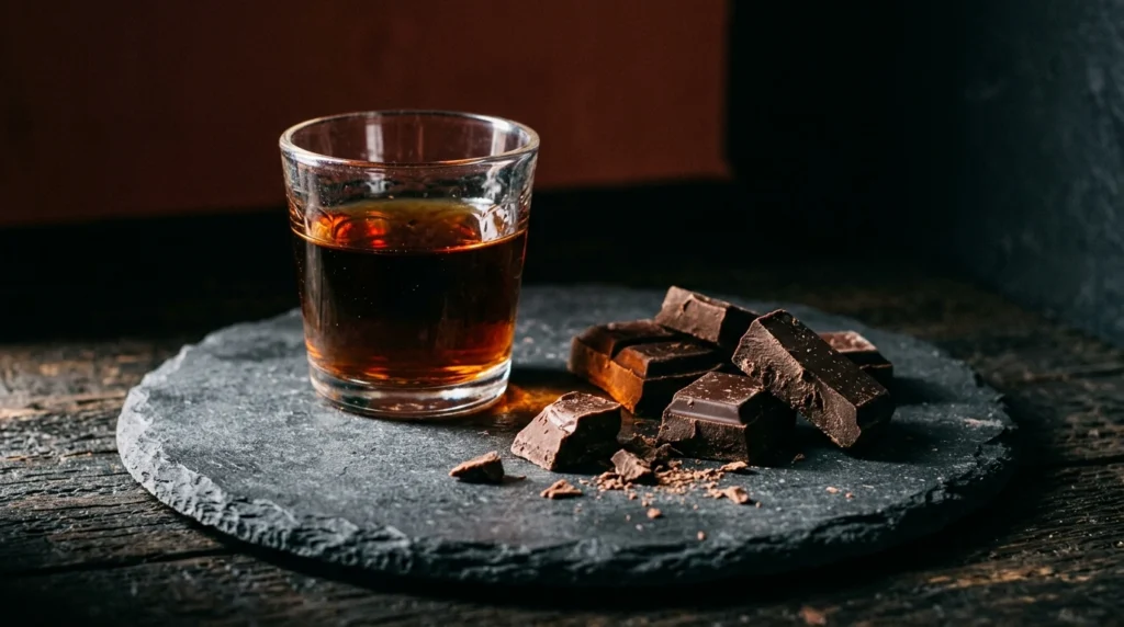 Verre de vin doux et chocolat noir