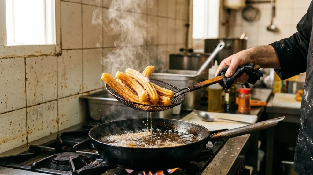 Churros sortant de l'huile chaude