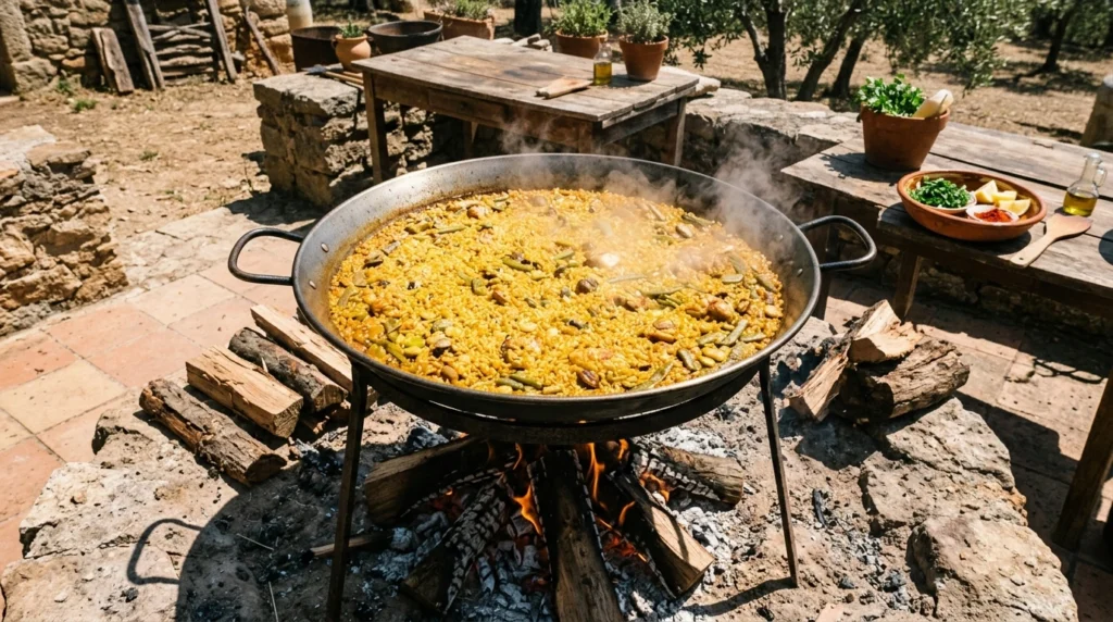 Paella de fruits de mer sur le feu
