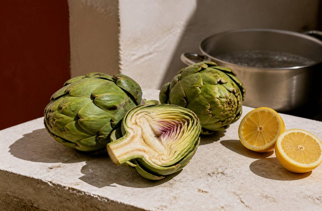 Artichauts frais avec un citron et une casserole d'eau fremissante