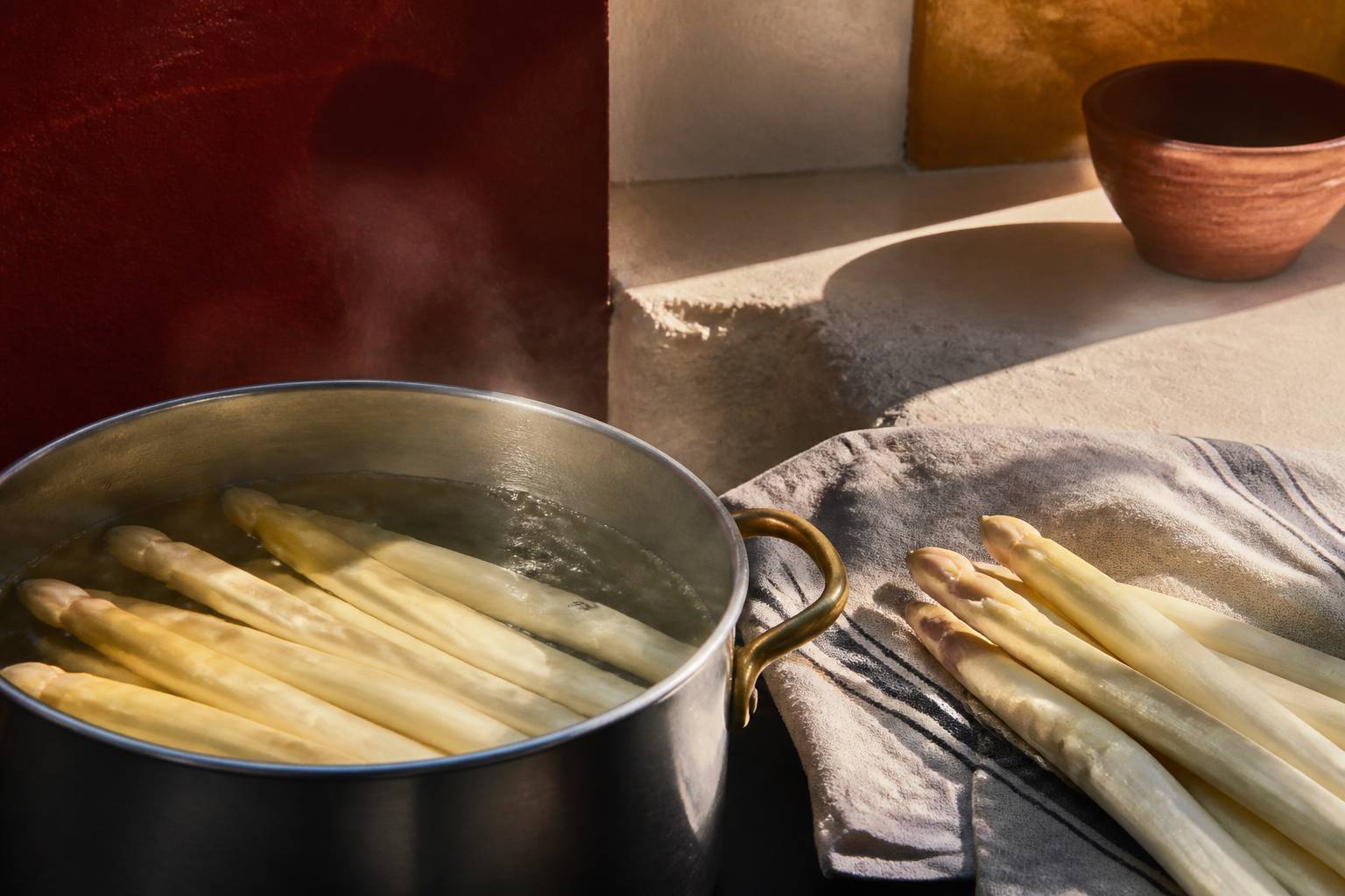 Asperges blanches dans une casserole d'eau frémissante