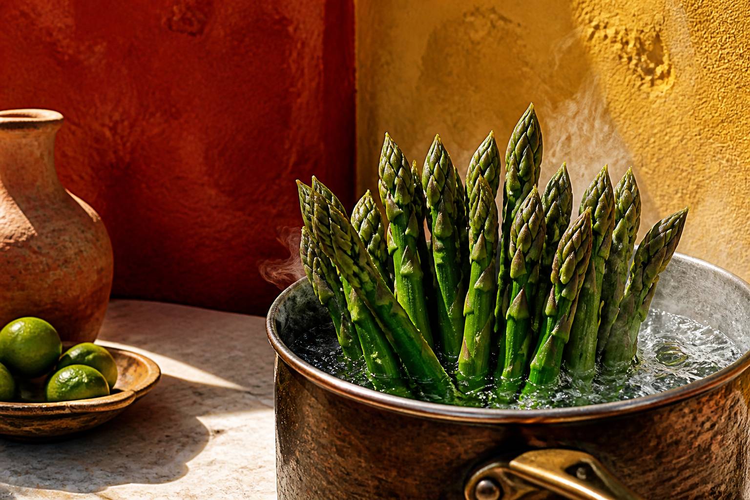 Asperges vertes en cuisson dans une casserole d'eau bouillante