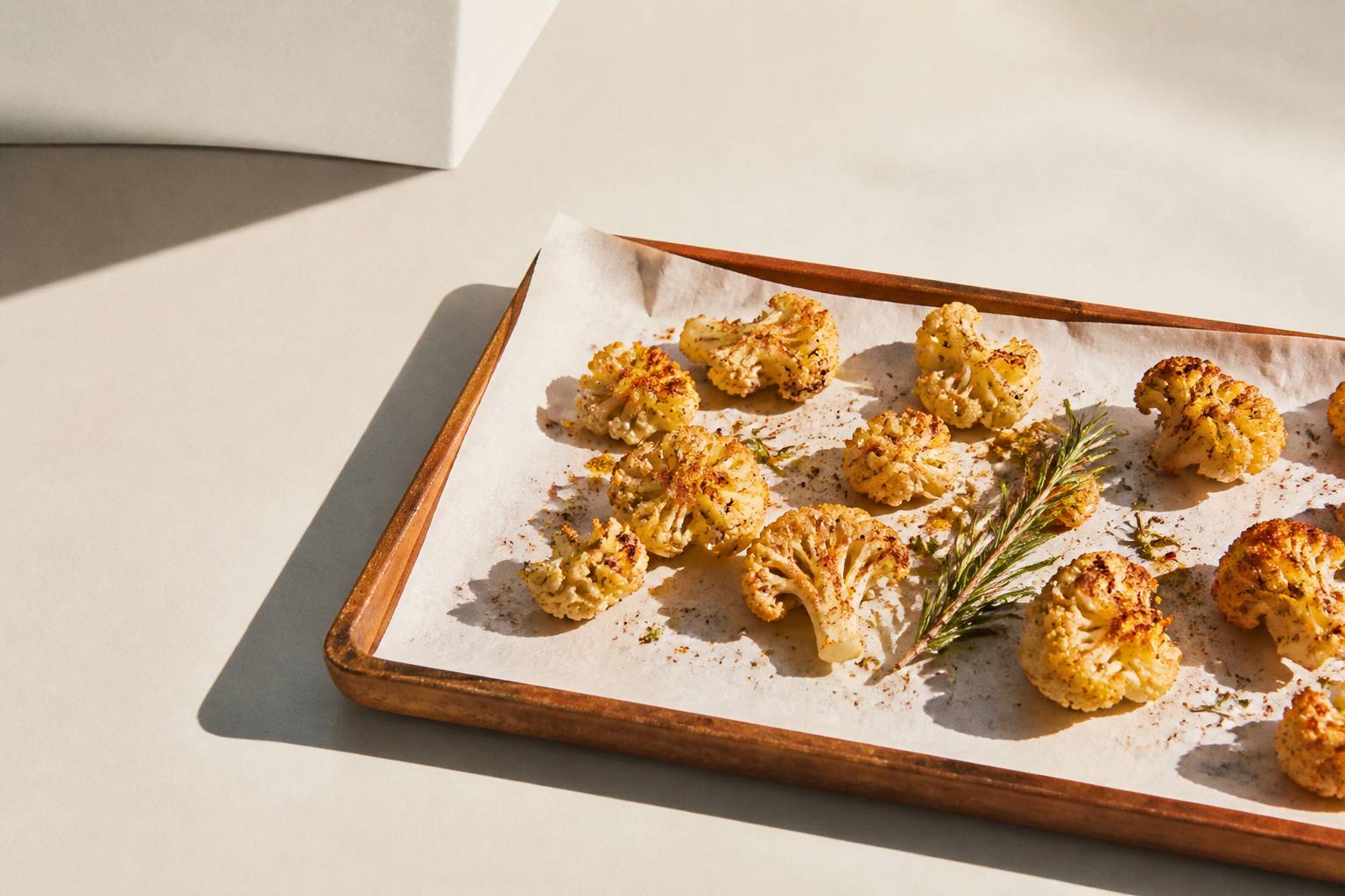 Plaque de four avec des fleurettes de chou-fleur rôties et dorées aux épices