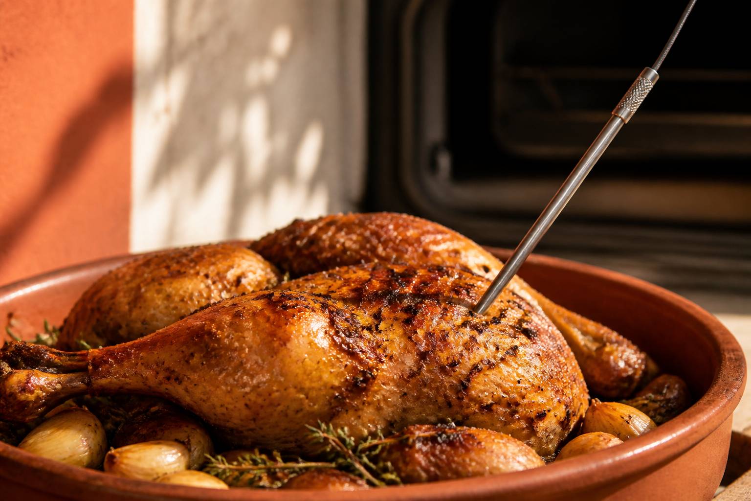 Sonde de cuisson plantée dans la cuisse d'un poulet rôti