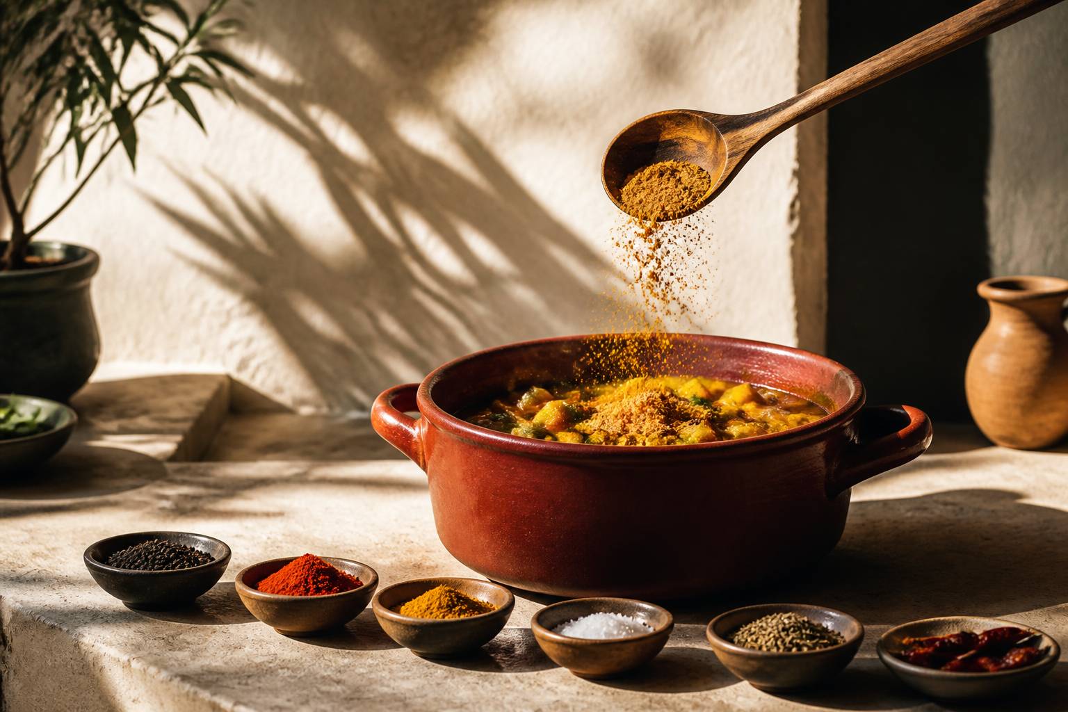 Cuillère en bois versant de la poudre de curry dans une casserole de légumes mijotés dans une cuisine ensoleillée