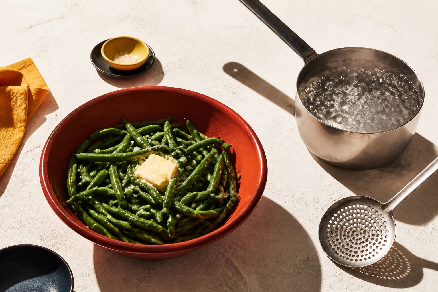 Haricots verts croquants dans un saladier en terre cuite avec beurre