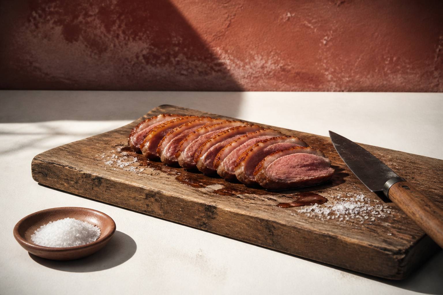 Tranches de magret de canard à la chair rosée reposant sur une planche