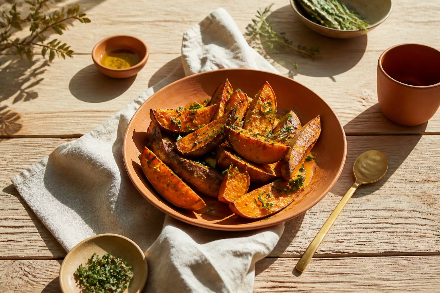 Plat de patates douces rôties avec herbes et huile d'olive sur une table en bois