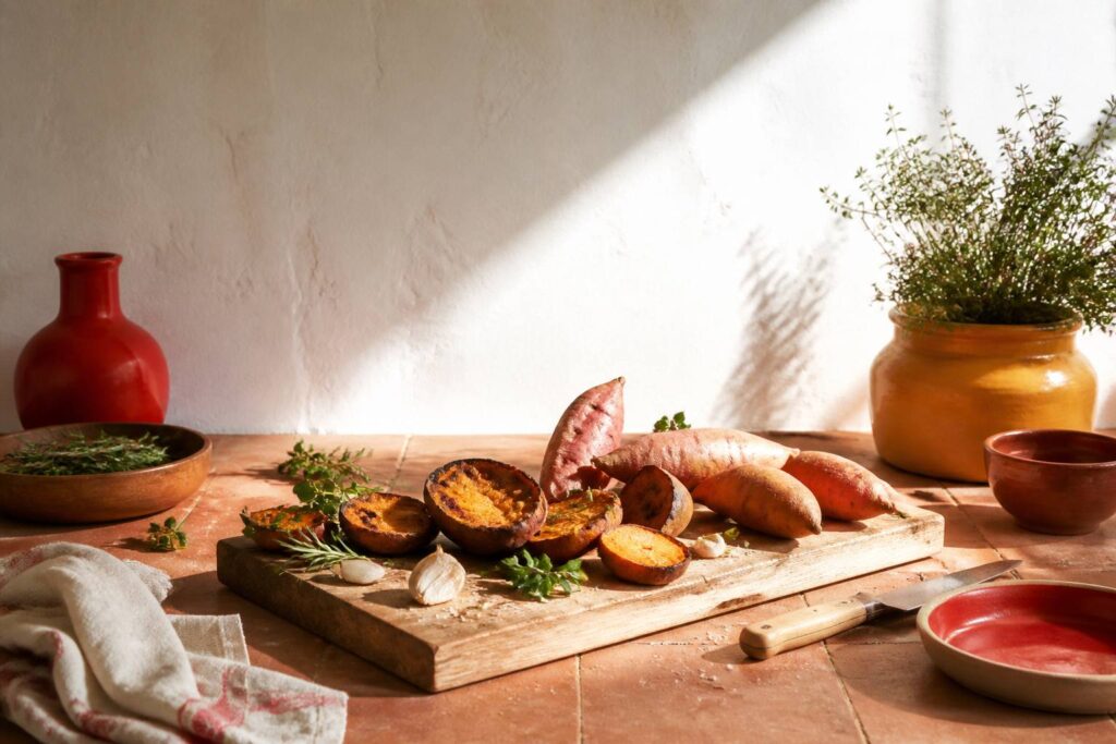 Patates douces crues et cuites disposées avec des herbes sur une planche en bois