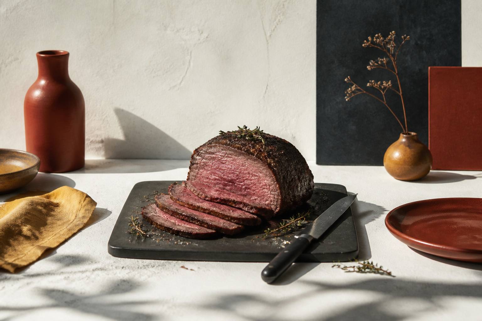 Rôti de bœuf tranché rosé à cœur avec thym et couteau à découper