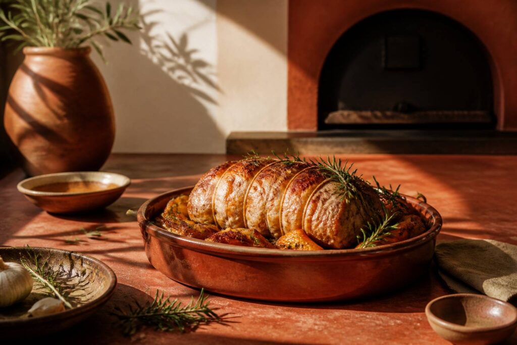 Rôti de porc dans un plat avec légumes et herbes prêt à cuire