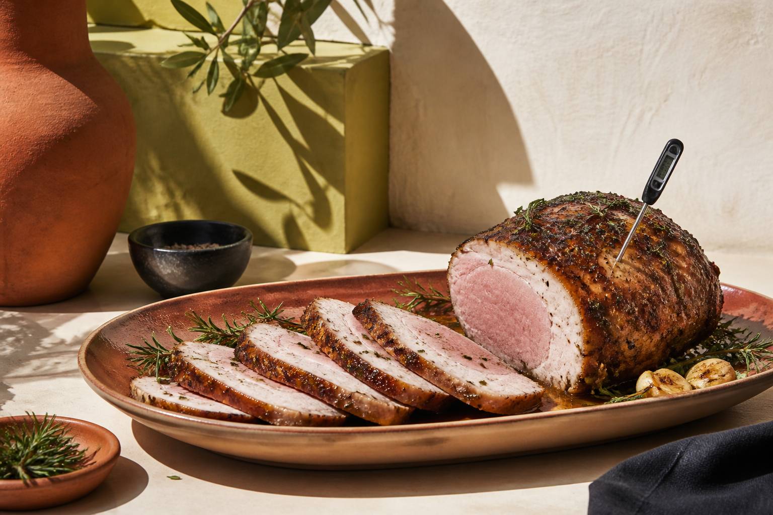 Rôti de porc tranché avec thermomètre et jus de cuisson