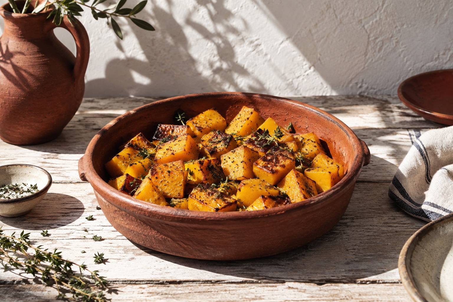 Cubes de courge butternut rotis dans un plat en terre cuite