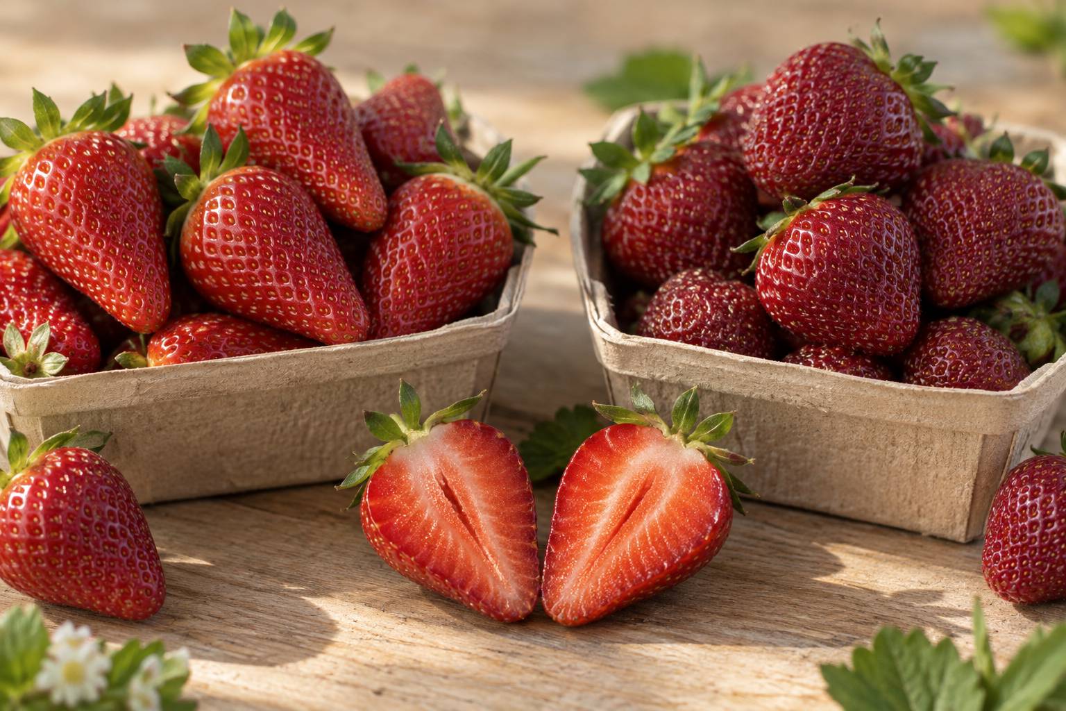 Gariguettes et Mara des bois comparées en barquettes avec une fraise coupée en deux