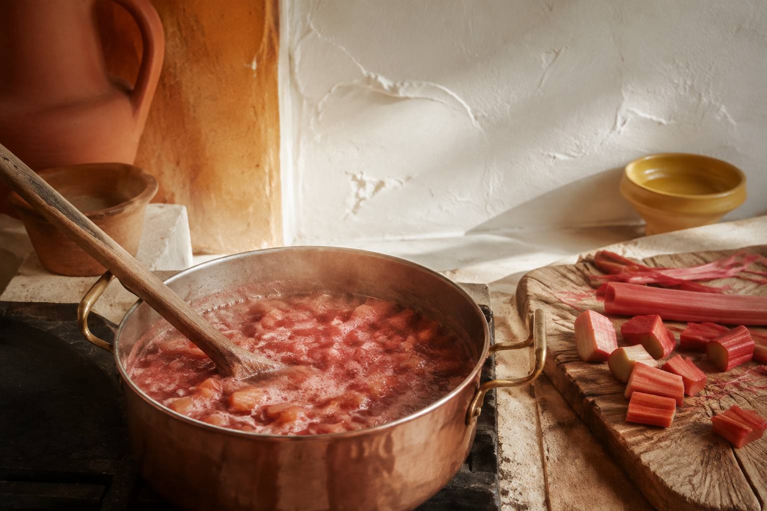 Compote de rhubarbe rose mijotant dans une casserole en cuivre sur feu doux