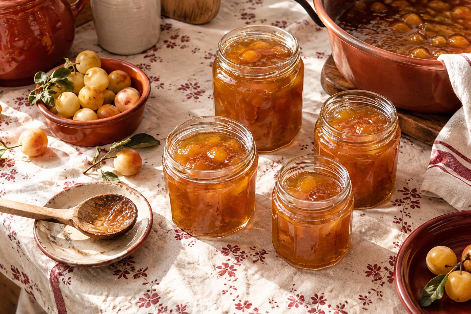 Pots de confiture de mirabelles refroidissant sur une toile ciree