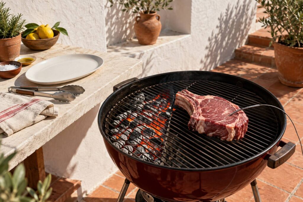 Illustration éditoriale du sujet : Côte de bœuf au barbecue : temps, braises et repos