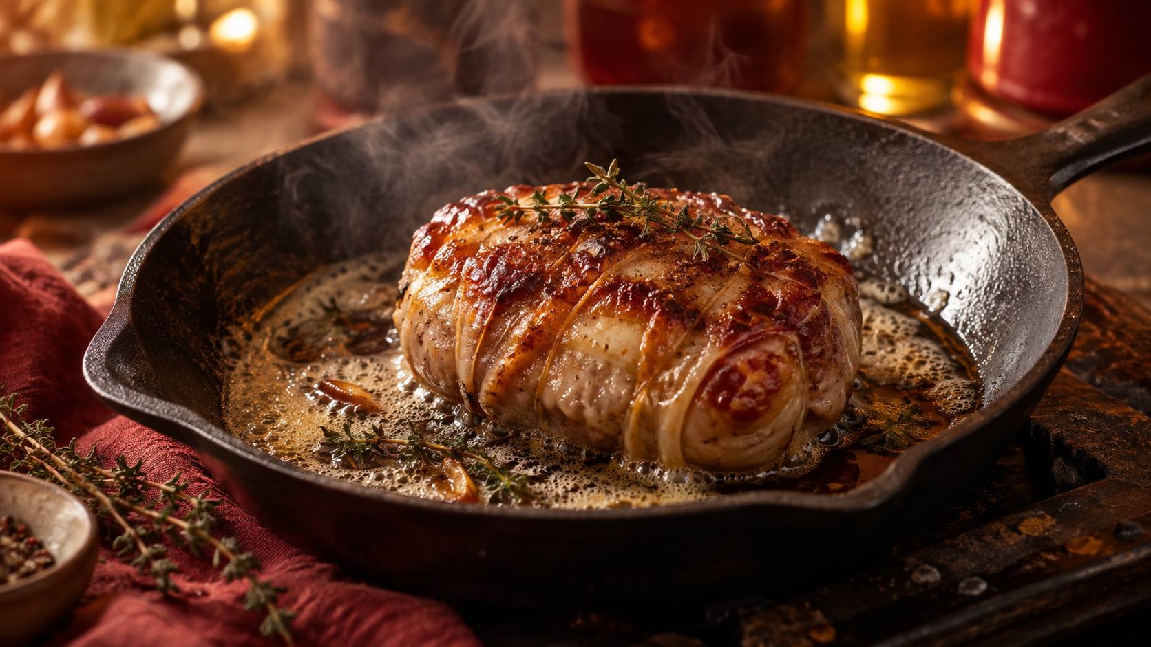 Crépinette dorée cuite dans une poêle en fonte avec beurre et thym