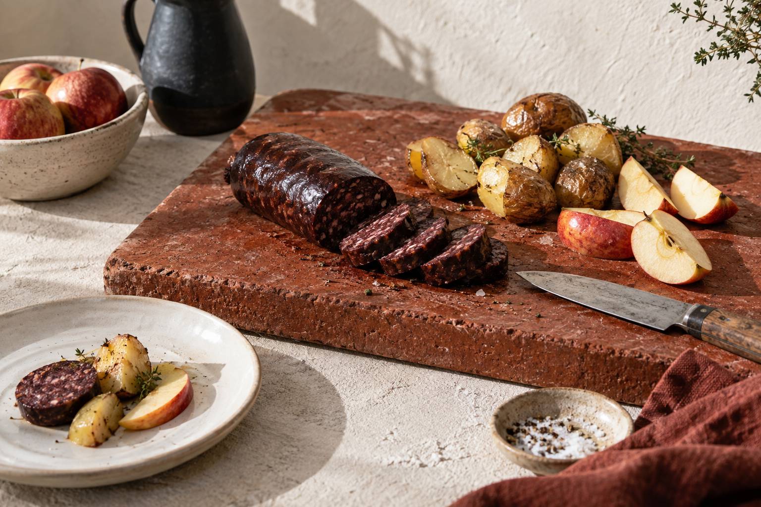 Boudin noir tranché, pommes de terre et couteau sur une planche de cuisine