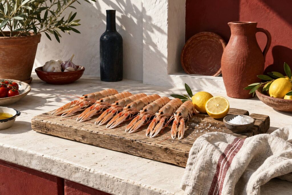 Langoustines crues alignees sur une planche avec citron et coupelle de sel