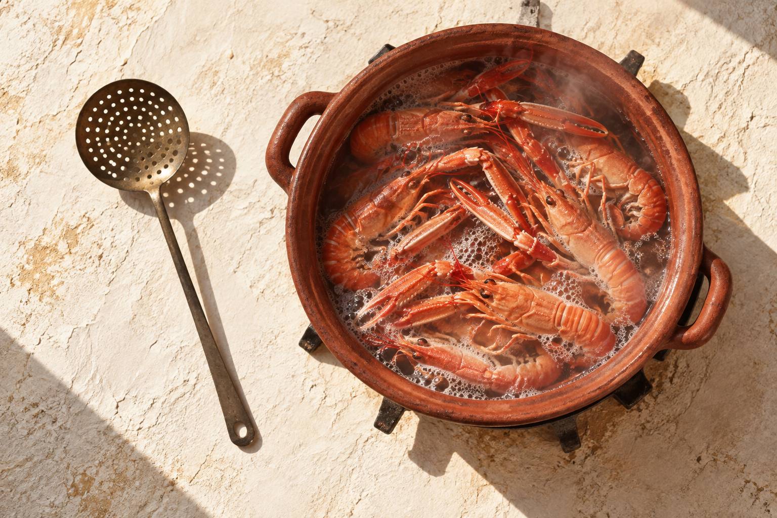 Langoustines en train de cuire dans une sauteuse avec vapeur legere