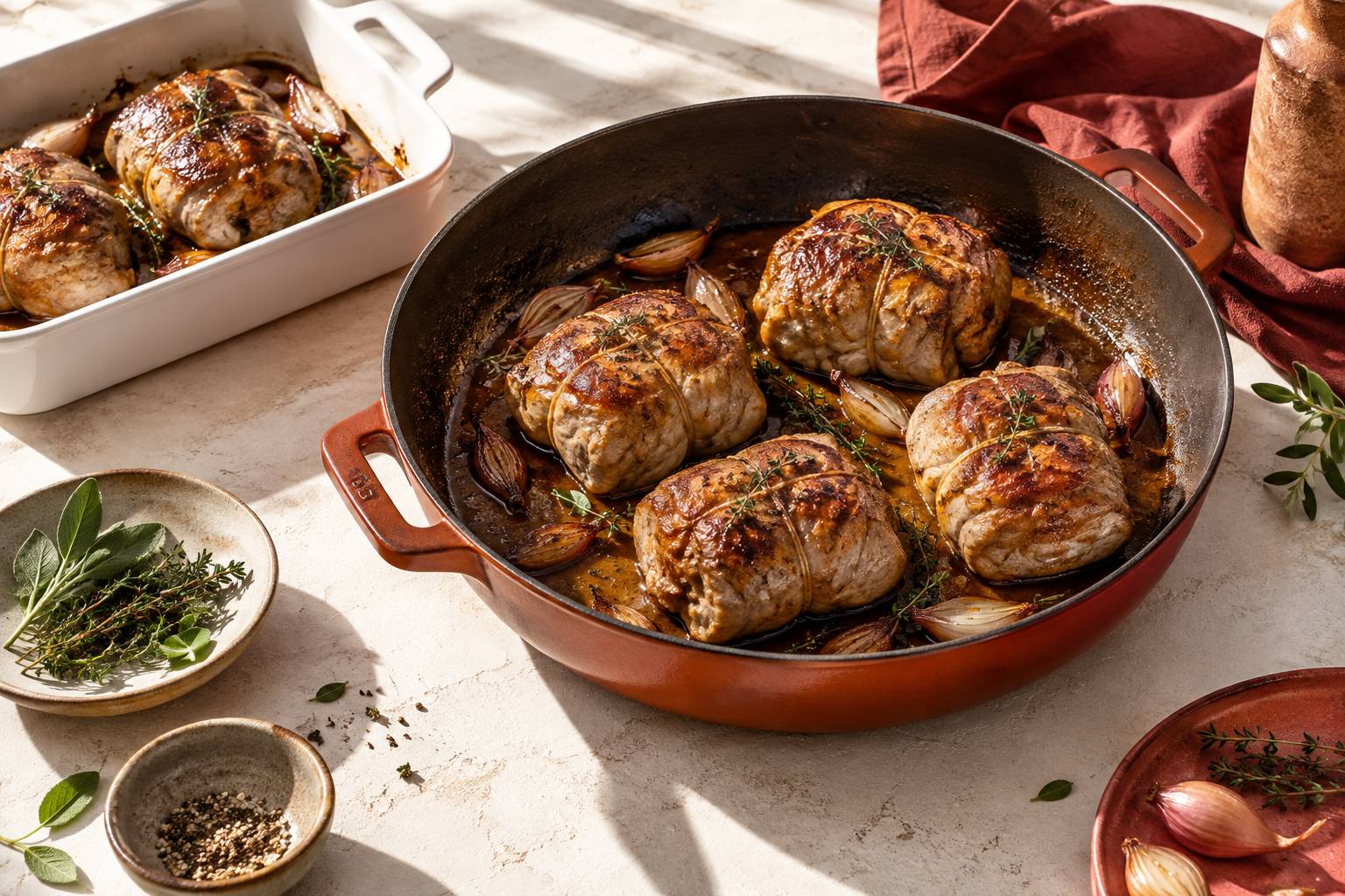 Illustration éditoriale du sujet : Cuisson paupiette de veau : poêle ou four, temps et sauce