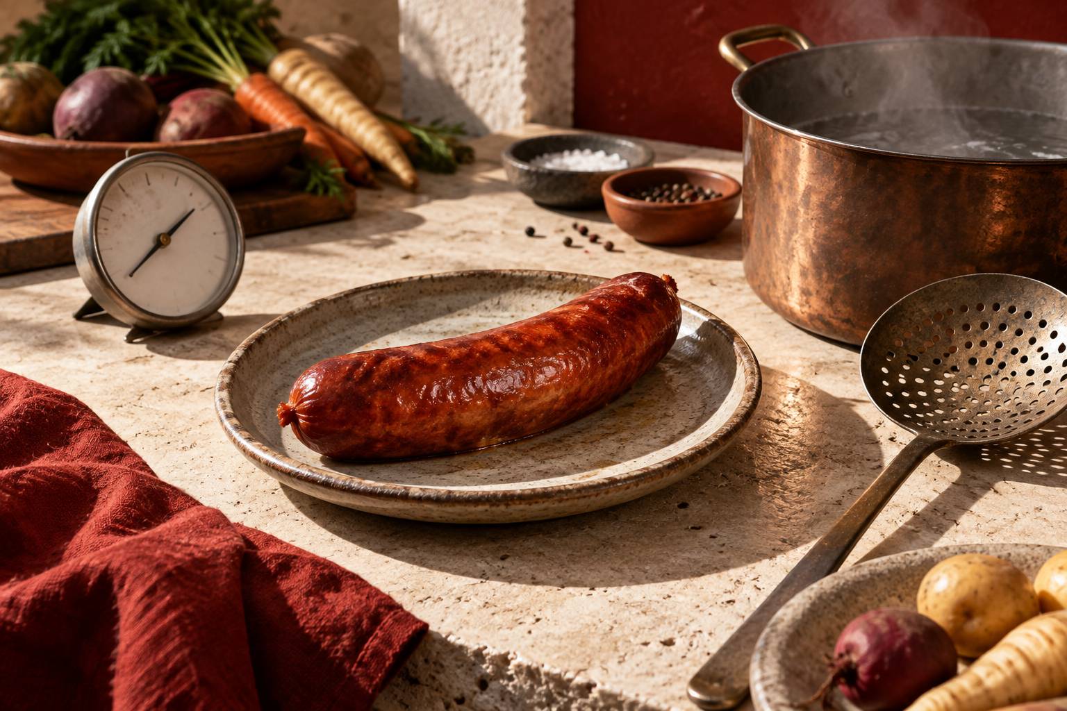 Saucisse fumee doree sur assiette avec ecumoire et casserole d'eau chaude