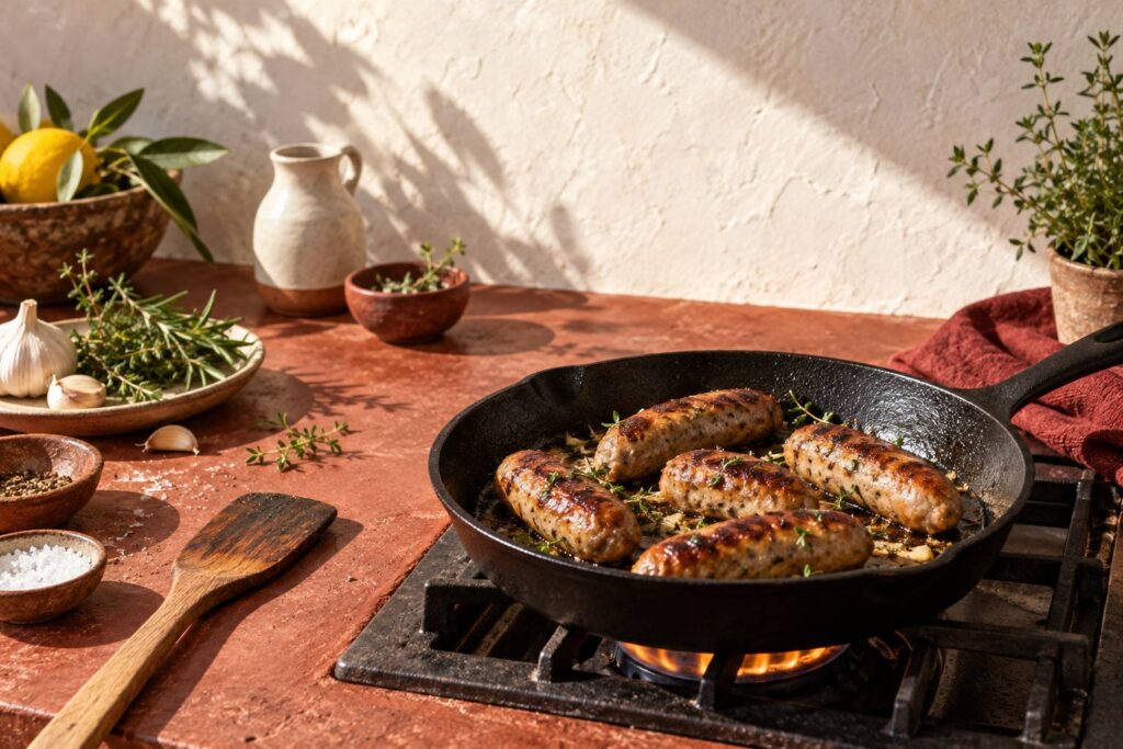 Saucisses dorées dans une poêle en fonte sur un feu moyen