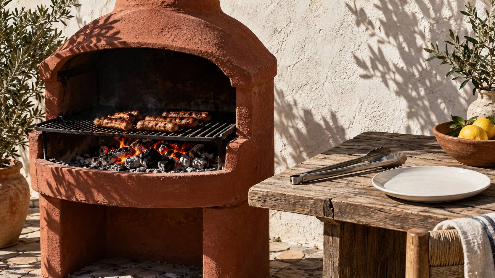 Saucisses sur la grille d'un barbecue avec braises rougeoyantes