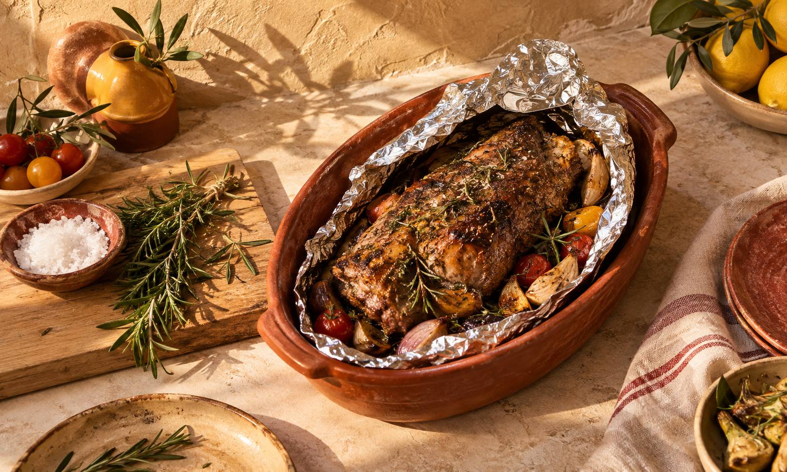Viande rotie enveloppee d'aluminium entrouvert sur un plan de travail