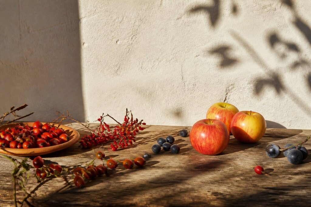 Nature morte de fruits et baies commençant par E : églantines, épine-vinette et pommes Elstar