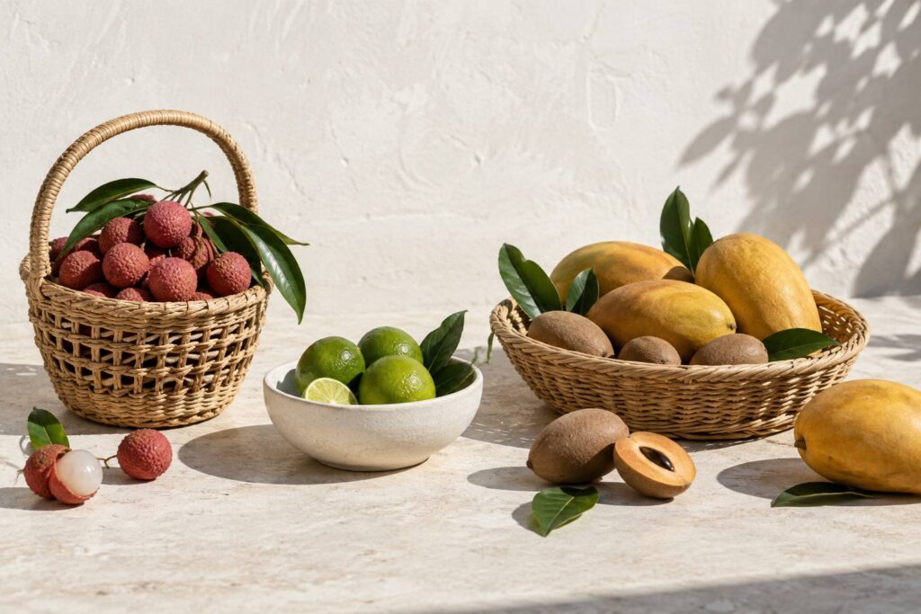 Fruits frais varies dans des cageots en bois sur un etal
