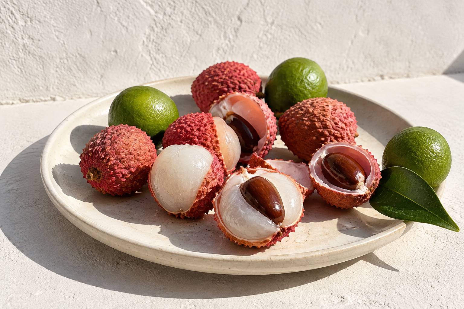 Litchis ouverts a pulpe blanche et limettes vertes dans une assiette de terre cuite