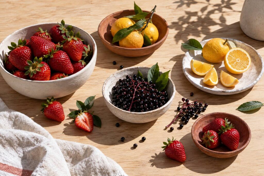 Fraises, sureau et agrumes en coupelles sur une table en bois clair