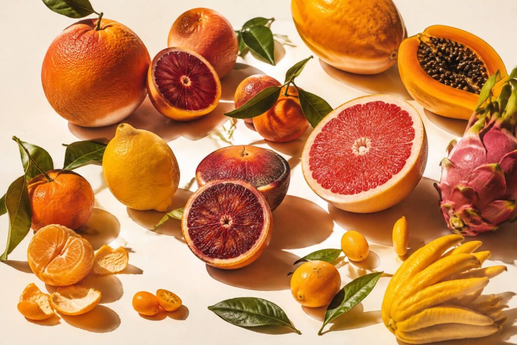 Nature morte de fruits exotiques et d'agrumes sur fond crème, lumière de plein midi aux ombres nettes