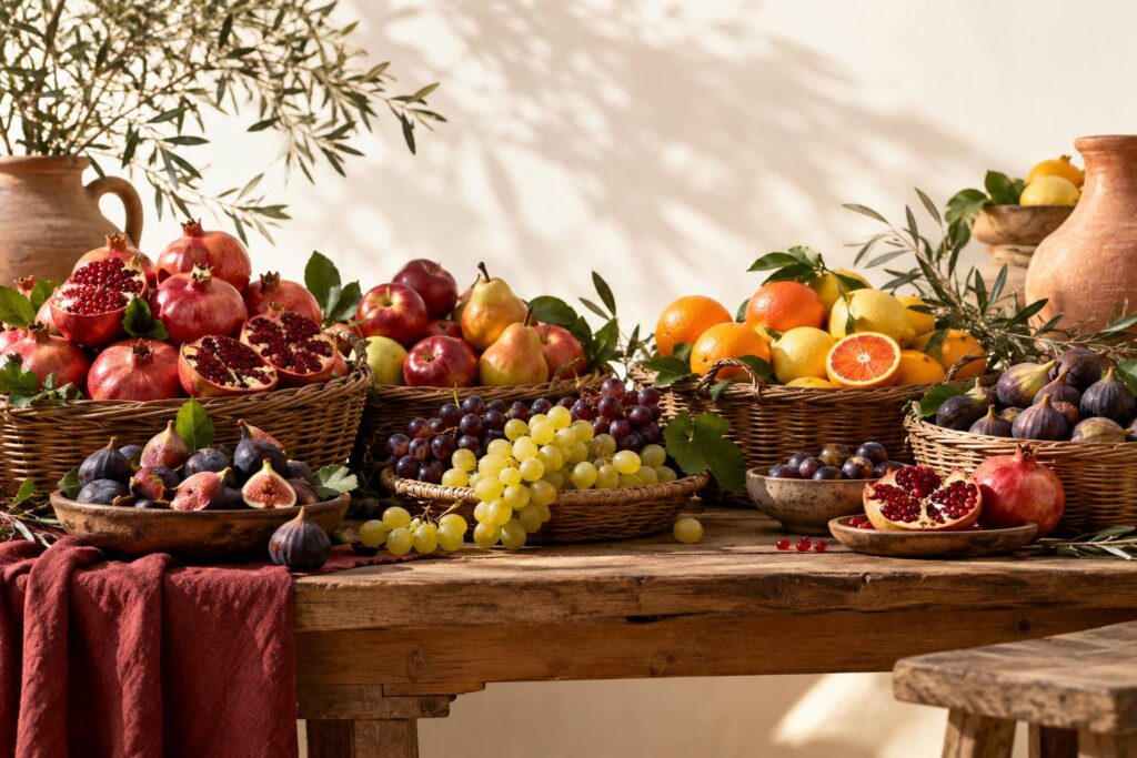 Assortiment de fruits frais dans des paniers en osier sur une table de bois